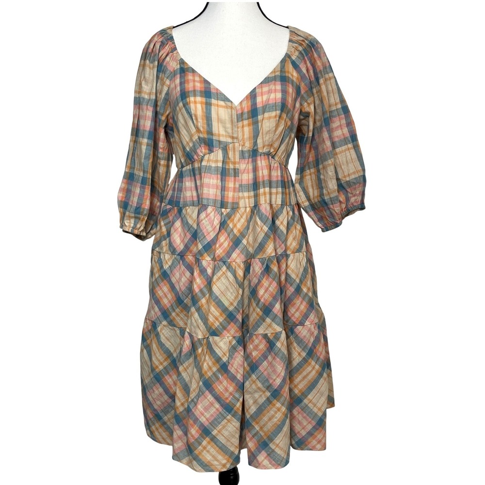 DREW Cottagecore Prairie Plaid Tiered Midi Dress S Boho Western Coastal Neutral